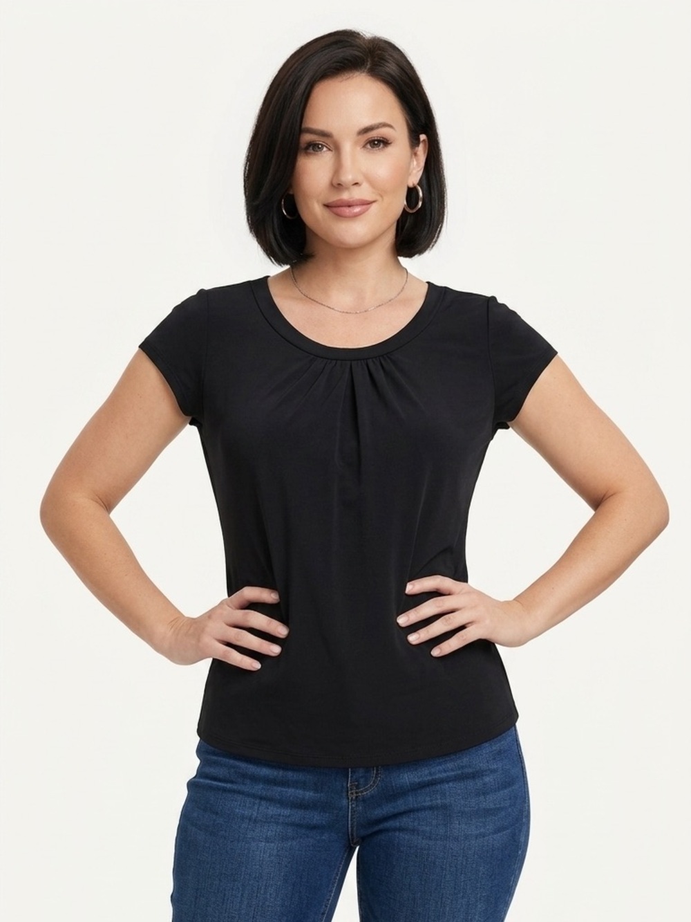 Worthington Black Short Sleeve Pleated Scoop Neck Top
